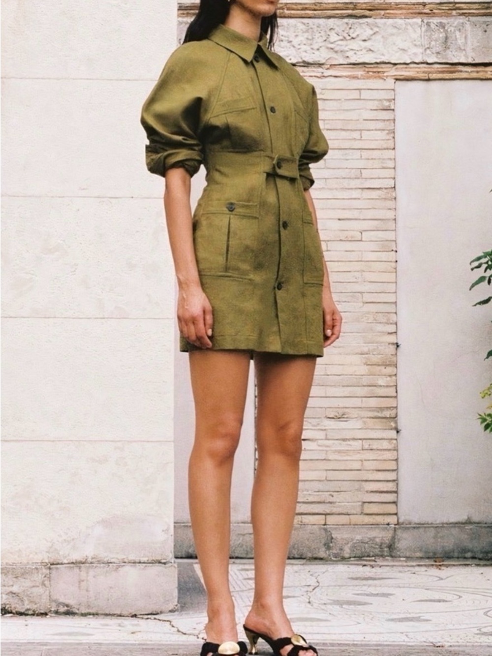 Mara Hoffman Olive Green Mini Shirt Dress with Waist Tie
